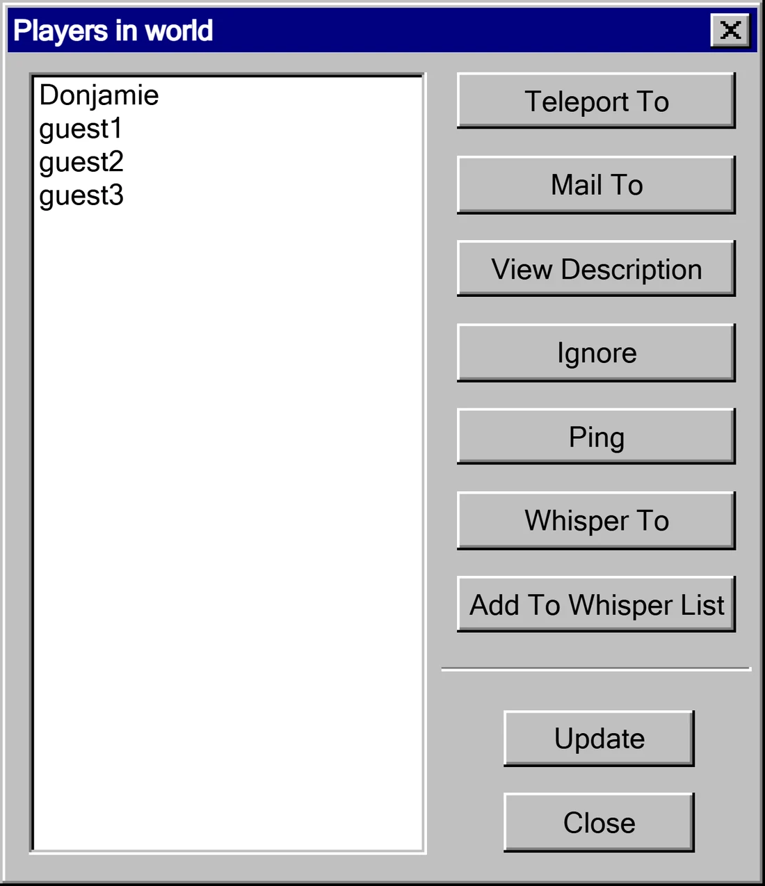 The Players in world window listing Donjamie and three guests, with buttons on the right