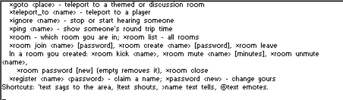 The chat box after typing *help, listing the commands