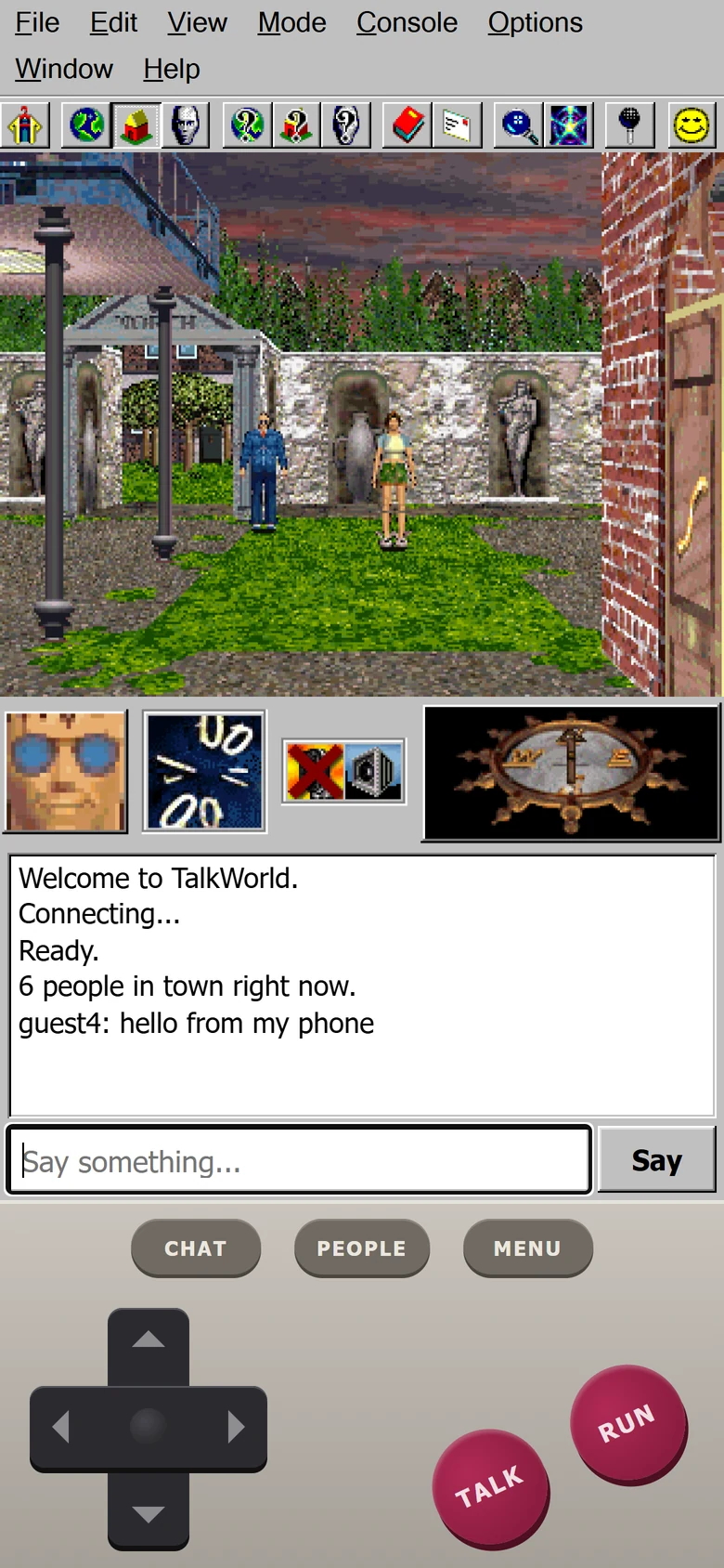 TalkWorld on a phone with the 3D view, chat box and touch pad
