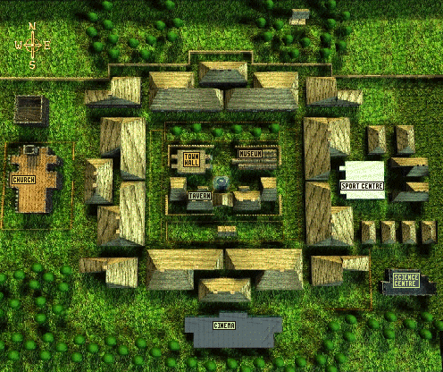 Map of the town seen from above, with the church, town hall, museum, tavern, sport centre, science centre and cinema